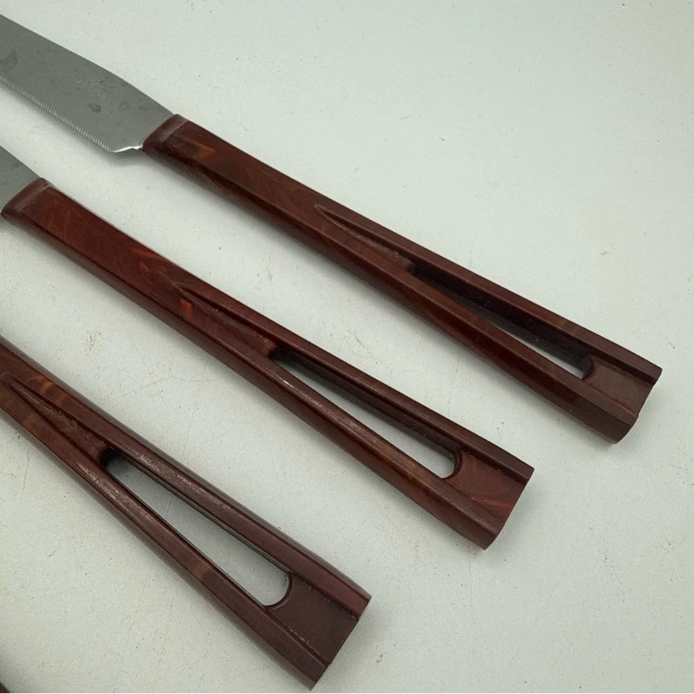 6 VTG Stanley Deluxe Stanhome Steak Knives Catalina Lucite Cut Out Handle MCM